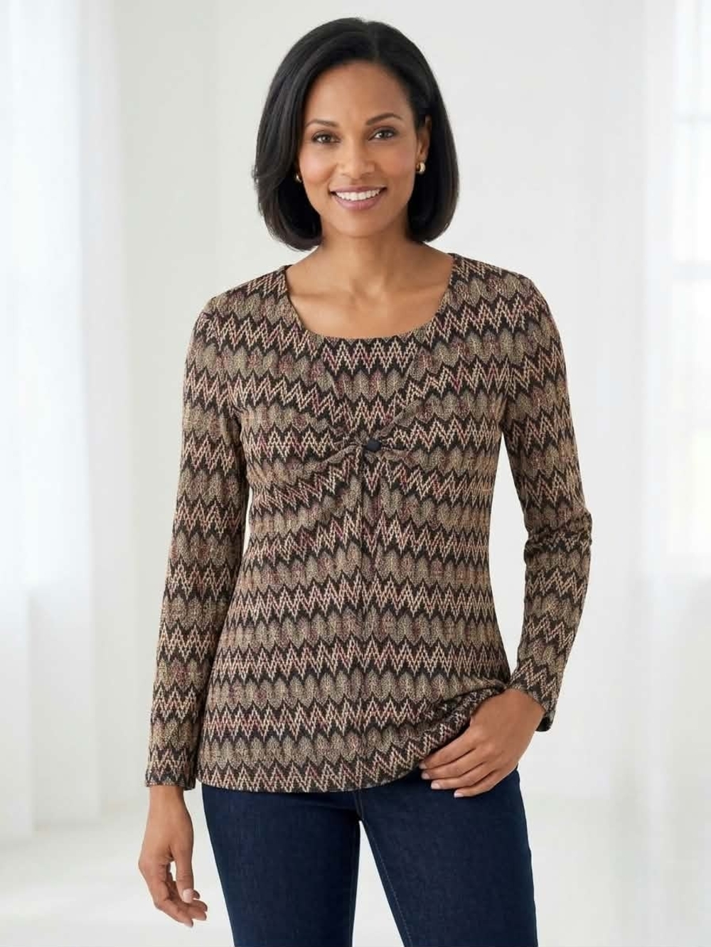 Coldwater Creek Geometric Chevron Long-Sleeve Top Size L